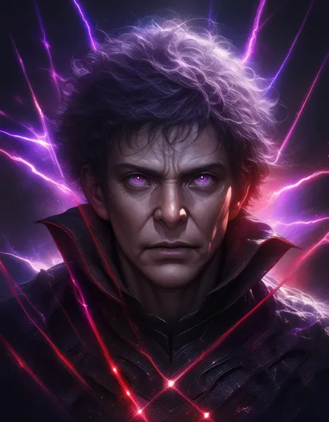 High quality, very realistic, absurd, high, highly detailed, HDR, masterpiece, highly detailed face and eyes, messy short hair, Dark Armor, solo,, male, handsome,, white eyelashes, purple eyes, villain expression, red effect sparks, deep purple lightning e...