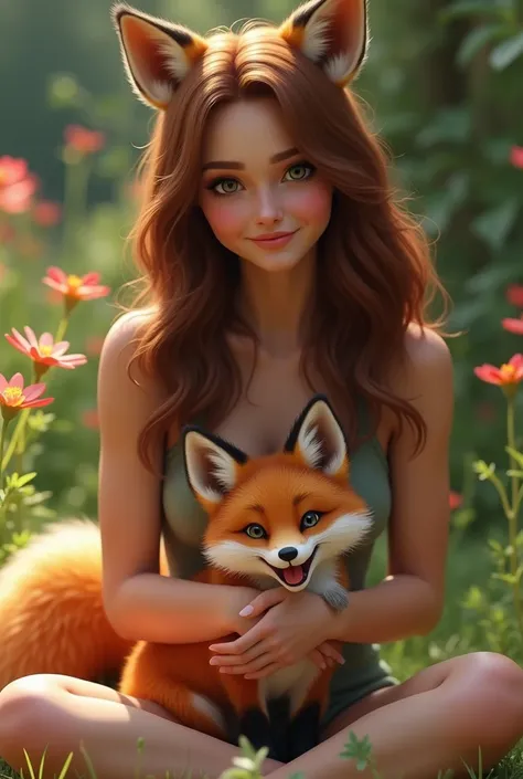 Happy Megan Fox sitting in a garden with a happy fox in her lap, photography, 3D effect high sharpness, unreal engine 5, athletic, perfect face, detailed textures, perfect eyes, perfect lips, perfect hair