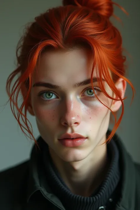  A 17-year-old male boy, red-haired,  with green eyes , straight hair tied in a bun 