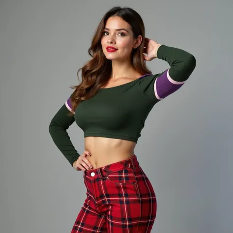 portrait of a 25 years old woman with big breast posing in a studio. She is wearing a green off-the-shoulder crop top with purple and white stripes on the sleeves and red plaid pants. Her hair is styled in loose waves and she is wearing red lipstick. The b...