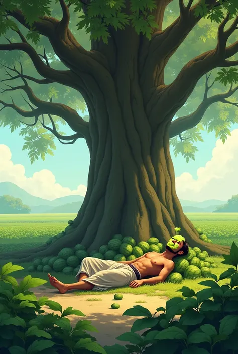 In the middle of a watermelon field, a banyan tree grows tall. Beneath it, a man lies resting, and a banyan fruit has fallen onto his nose