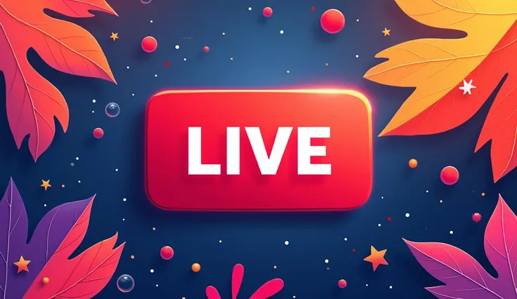 Design a YouTube live stream banner with a dynamic and vibrant layout.In the center, place a bold red rectangular LIVE icon with white text