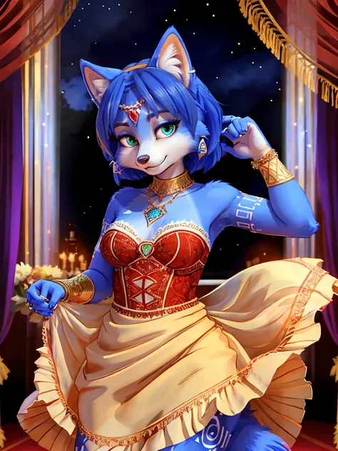 ((krystal)), Star Fox-Krystal, lovable, green eyes, ((( Long blue hair 1 .3))), Decollete, anthro, Fuzzy,  detailed Fluffys fell,  detailed face , (Fluffy),  1 girl,  couture shuttlecock dress ,  extravagant feathers ,  elegance of the red carpet , a ball ...