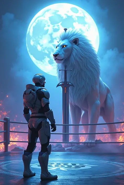 Homem standing com armadura e capacete do futuro em um ring de lutar de boxe com a sigla Rda Reis Br no chão, And a white lion carrying a gigantic silver sword , standing, in front of a white moon in flaming blue ,  with red and purple flames surrounding i...