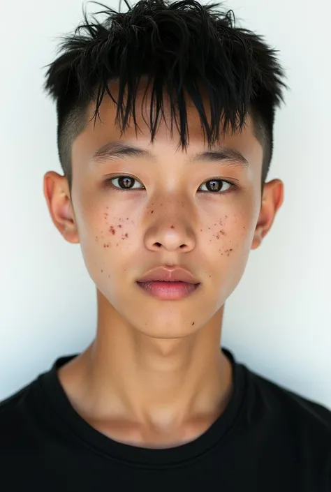 crie:  korean boy (buzz cut wet hair, Park Jae, , black hair, Monolithic eyes, brown eyes, freckles, tanned skin) fundo branco, foco no rosto. Usando uma blusa preta. Poses espontâneas