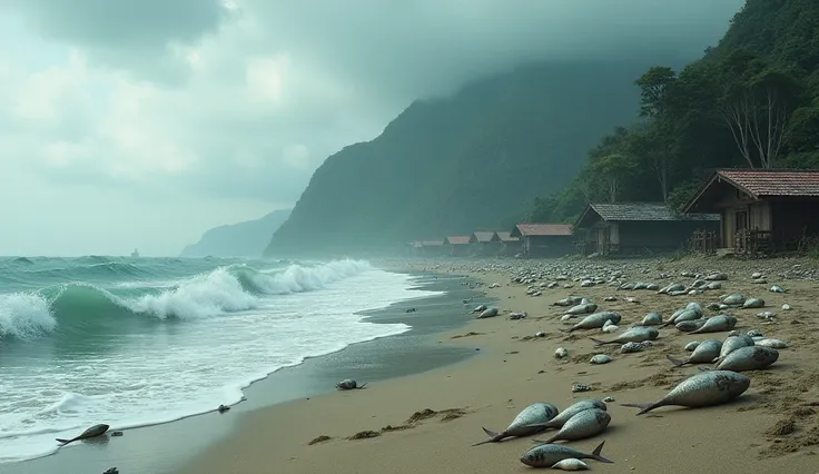 Beach village on the verge of a tsunami, sea water drops, sleeping fish litter the beach