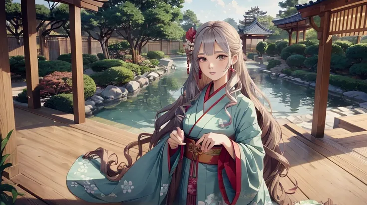 Create an anime-style illustration of a young woman with long, flowing, wavy hair elegantly styled in a kimono, sweeping a Japanese garden with a long broom.
The young womans hair is decorated with colorful accessories such as ribbons and pins.
The design ...