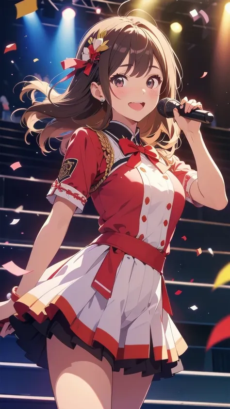  girl in red and white idol costume、 Brown Hair、  miniskirt、   live stage、Confetti、