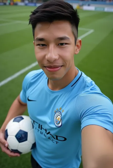 1 Korean man ,Wear a Manchester City shirt (cuffed sleeve t-shirt ) ไม่มีลาย Big arm muscles,  tight breasts ,  Muscle Bundle,  round neck fit neck shirt. , (((Big arm muscles,  tight breasts ,  Muscle Bundle, ))), ((( sports pants .  stares at the camera ...