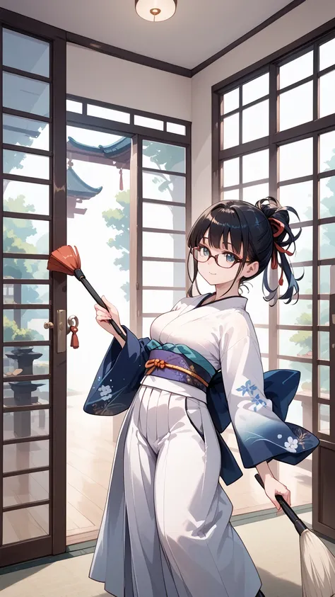 Black hair, glasses, kimono, hakama, sash, sweeping the front door