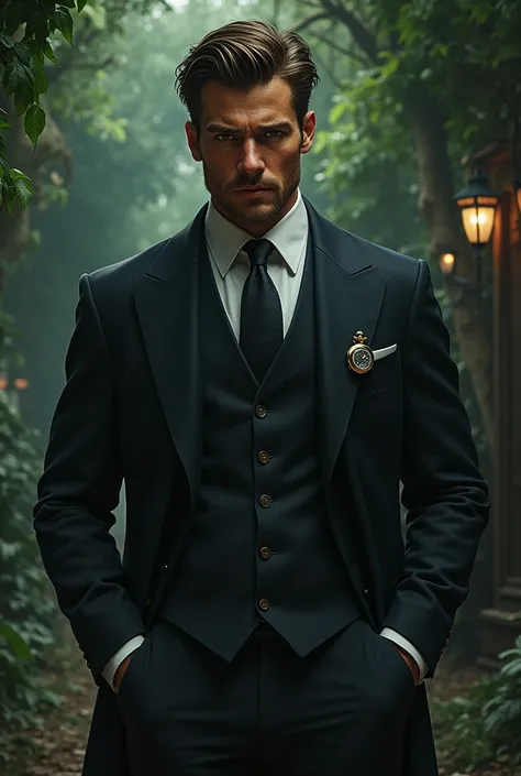 Very handsome detective, very fancy detective outfit, green background. 