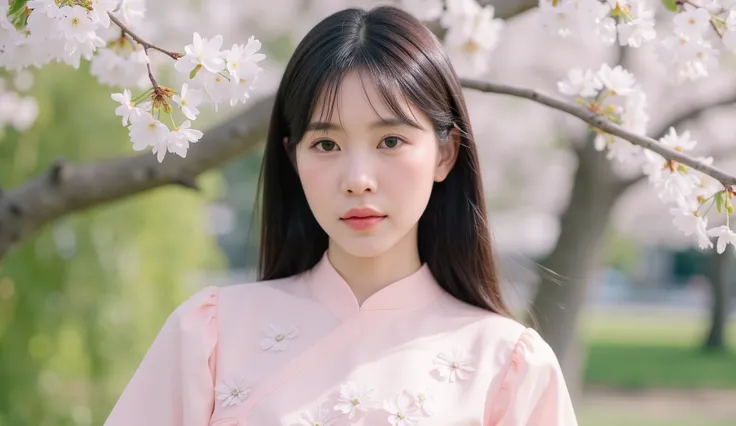 A young East Asian woman with a serene and elegant appearance. She has smooth, fair skin and long, straight black hair with soft bangs framing her oval face. Her almond-shaped eyes are expressive and warm, with a subtle shimmer. She wears a modern yet mini...