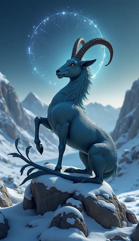 Prompt para Capricórnio:
" A majestic figure representing the sign of Capricorn ,  combining elements of a goat and a fish ,  with the part The body is strong and robust like a goat and its wavy and aquatic tail Of a fish.  The scene is set in a snow-cover...