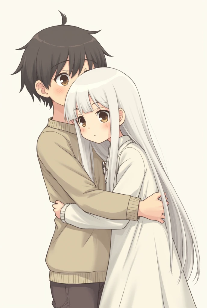 Illustration of Kotaro lives alone hugging a white girl with long hair,  Long and straight ,  split in half., with big brown eyes 