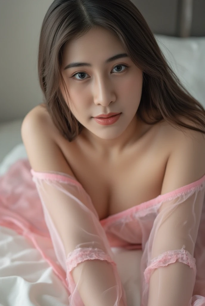 Asian female, original photography, masterpiece, 8k, upper chuppy body, transparent nightgown, open nightgown, thin pink silk, tempting pose, seductive smirk, mischievous. Lying on the bed.