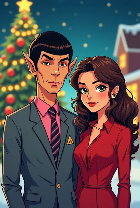  Spock from Star Trek with brown eyes pointy ears wearing gray suit pink shirt and striped tie next to his wife with long and brown curly hair and green eyes and small pointy ears wearing a red dress, In the background a Christmas tree on a bright night ma...