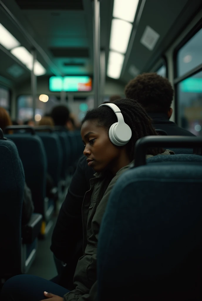 Its 9pm in the middle of the night. Everyone should be black,A black girl in her 20s age 22 is seated on a bus. She has white headphones on listening to music. Her head is laid on the headrest. She looks really tired after a day of school. She looks a litt...