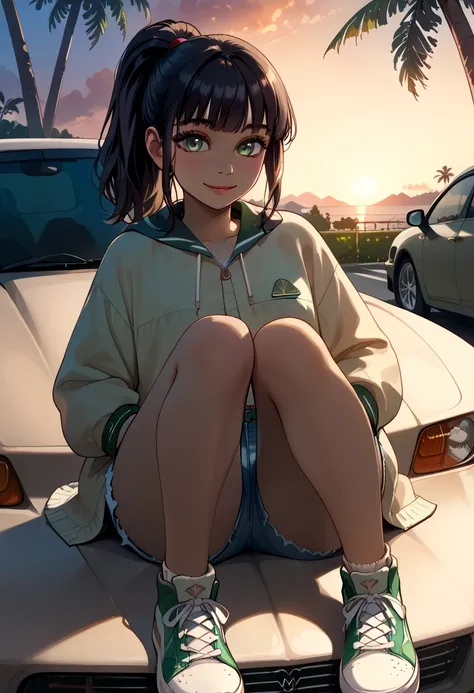 score_9, score_8_up, score_7_up, score_6_up, innocent and alluring, masterpiece, best quality, 1girl, (cute, female, detailed face, beautiful detailed eyes, black hair, bangs, large ponytail), (sunset, (sitting on a car, sitting on car hood, front view), p...