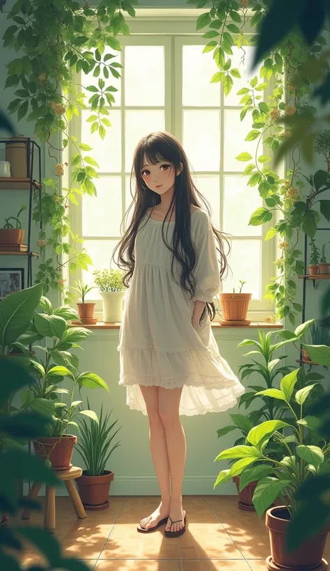 there is a woman standing in a room with a plant, cute detailed artwork, digital anime illustration, digital anime art, detailed digital anime art, beautiful anime girl, anime style 4 k, style anime, artwork in the style of guweiz, beautiful anime portrait...