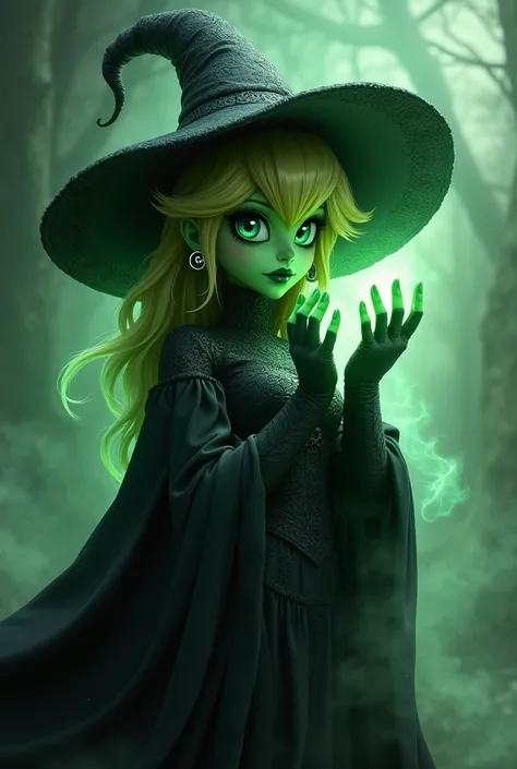 Green-Faced Princess Peach wearing a black witch hat and black witch costume.