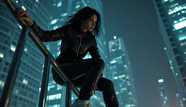  At night, a Blade Runner woman, 44 years old, black hair,  from below, Detailed clothing, woman is climbing at a wide angle, with her full body in frame. large Her outfit includes leather jumpsuit, adding a minimalist beauty. She accessorizes with futuris...