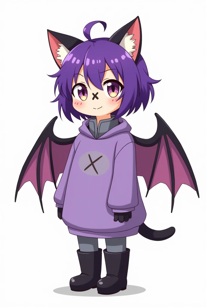 One With Half Short Purple Hair ,  With Purple And Yellow Full Body Eyes On A White Background With Purple Sweatshirt Cat Ears With A Gray Blouse Underneath,  black boots, And Black Gloves In Cartoon Anime Style,  Com Um X No Meio Dos OlhoS
s E Coloque Asa...