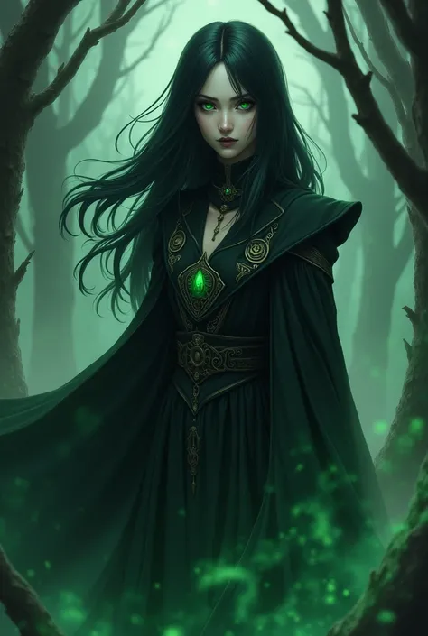  “a witch with an ethereal appearance , with long hair, jet black,  that falls in soft waves up to her back . His eyes are a deep green,  almost supernatural ,  that seem to penetrate the soul of those who look at them .  his face has an eerie beauty ,  wi...