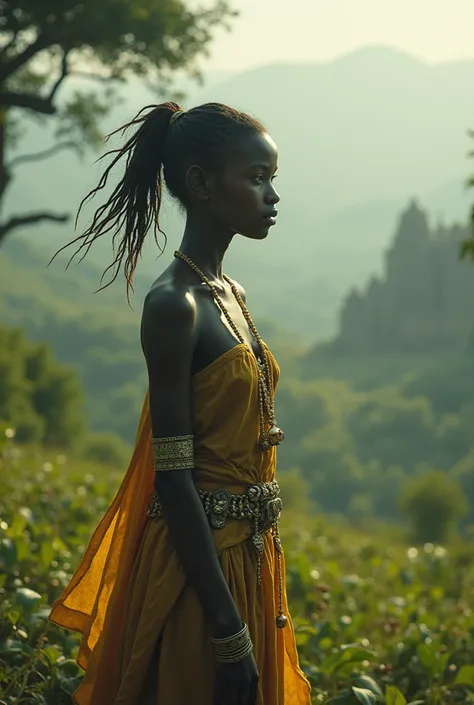 Generate  a scene  of an African  beautiful  female    of seven  choosen by the gods of the  land Omalicha, a shy orphan who is often mocked for her frail stature. Despite her fear, Omalicha accepts her destiny, knowing the survival of her people depends o...