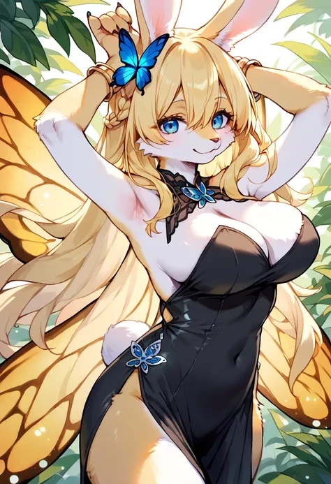 score_9, score_8_up, score_7_up, score_6_up, score_5_up, score_4_up, source_anime, best quality, amazing quality, very aesthetic, absurdres, 1girl, (furry, kemono:1.3), rabbit girl, rabbit ears, rabbit tail, breasts, blonde hair, blue eyes, long hair, wing...