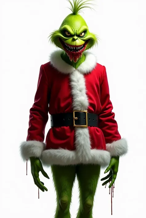  The Grinch with an evil and bloody smile, full body in Santa Claus clothes on a white background