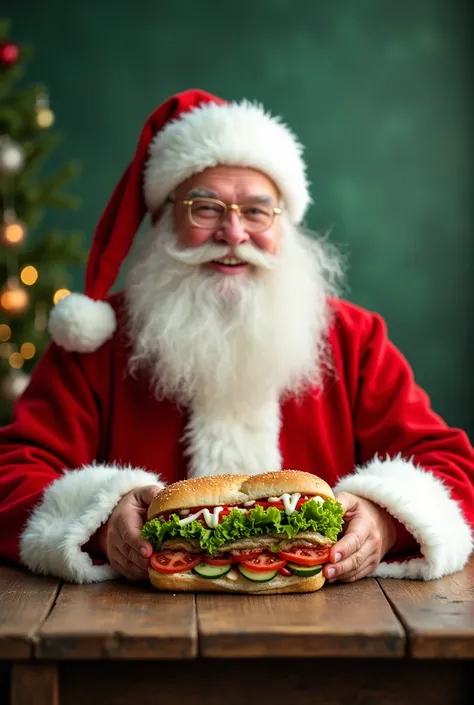  realistic Santa Claus :  A realistic-looking Santa Claus ,  with a plentiful white beard and classic red outfit ,  seated at a rustic wooden table ,  with a radiant smile on her face .  He holds a Subway sandwich with fresh and juicy ingredients,  like le...