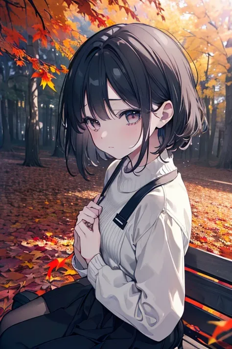 A girl sitting alone on a bench, melancholy expression, autumn leaves falling around her, dramatic lighting, cinematic composition, muted color palette, emotional, nostalgia, (best quality,4k,8k,highres,masterpiece:1.2),ultra-detailed,(realistic,photoreali...