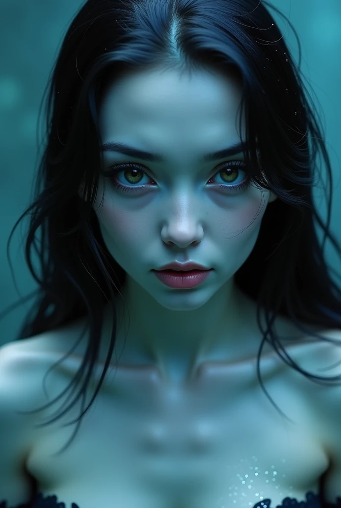 A close-up of a female siren focusing on her face and shoulders. Her face is slender and elegant, with smooth, pale blue skin resembling the serene tones of the ocean. Soft reflections shimmer across her skin, evoking an underwater ambiance. Her eyes are w...