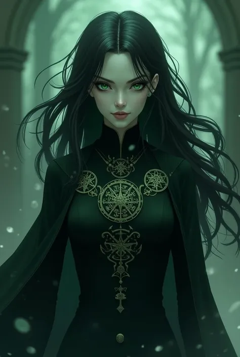  “a witch with an ethereal appearance , with long hair, jet black,  that falls in soft waves up to her back . His eyes are a deep green,  almost supernatural ,  that seem to penetrate the soul of those who look at them .  his face has an eerie beauty ,  wi...