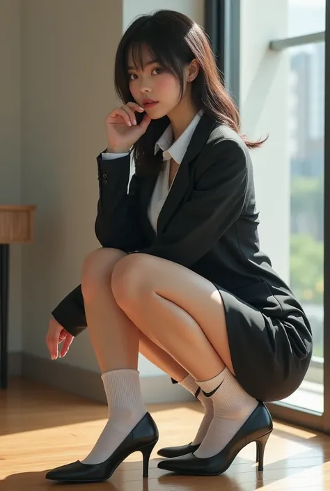 （  Photorealism  ：1.2）、  Japanese Transsexual Models in Their 20s  、  thick legs、    Female Bank Employees in Uniforms Sexy Beauties、 business uniforms 、    squatting at the entrance of the studio   , Super sensual pose、  high heels ,   they take off their...