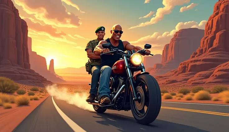 "A detailed and dynamic illustration of Dwayne The Rock Johnson, the WWE superstar, riding a motorcycle alongside a young military man. The Rock is wearing a casual black tank top, jeans, and sunglasses, exuding his iconic charisma and strength. The milita...