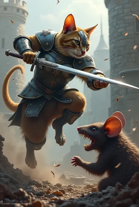  An epic battle between a warrior cat and a mouse , on a medieval battlefield.  The cat wears detailed armor ,  with a metal helmet and a shiny sword ,  facing a monstrous mouse , with dirty skin and sharp teeth .  The fighting is intense ,  with the cat j...