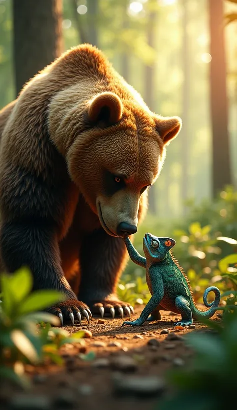 "A mighty bear and a color-shifting chameleon interacting on a sunlit forest floor, detailed textures of the bears fur and the chameleons scaly, multicolored skin, vibrant foliage surrounding them, sunlight filtering through the trees, cinematic lighting, ...