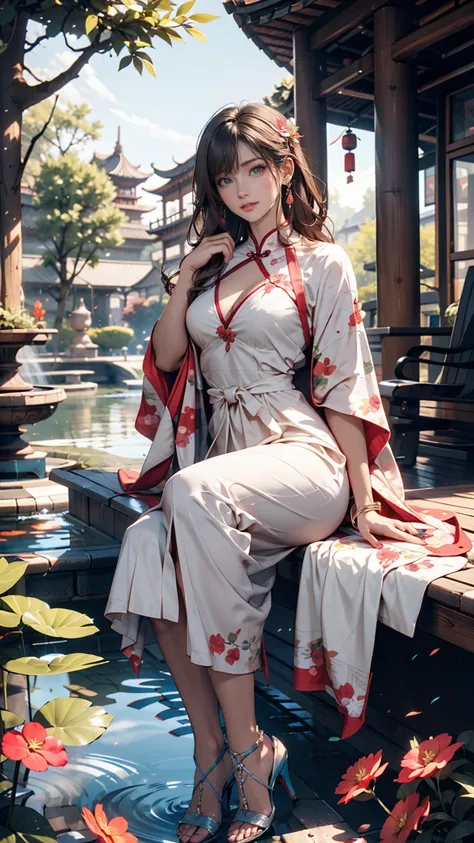 2D,  ancient style , Spring Garden,  outdoor, Gray Hair,  China Dress （Deep slit), nature, Theres a pond in the courtyard , Begonia floating in a pond,  girl sitting on a bench in the hallway ,  Im wearing a clear feather robe, Holding a bamboo flute,  ran...