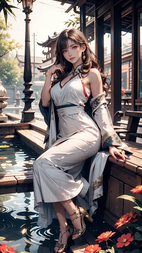 2D,  ancient style , Spring Garden,  outdoor, Gray Hair,  China Dress （Deep slit), nature, Theres a pond in the courtyard , Begonia floating in a pond,  girl sitting on a bench in the hallway ,  Im wearing a clear feather robe, Holding a bamboo flute,  ran...