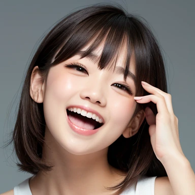 Single, Boys High Resolution , long hair, short hair, Smile, bangs, bangs,  Simple Background , 眼間Bangs,  split lens, tooth,  Slightly stretched lips , 虎tooth,  character， Shine Effect , High Resolution , Precise,  Anatomically Correct ,  Best Quality Happ...