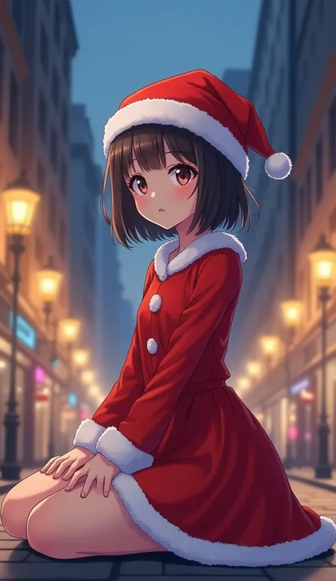 "Create an image of a girl with a bob haircut sitting on the ground on a city center street in the evening. The background features tall buildings and festive lights. The girl is dressed in a red Santa costume with white trim, including a red Santa hat wit...