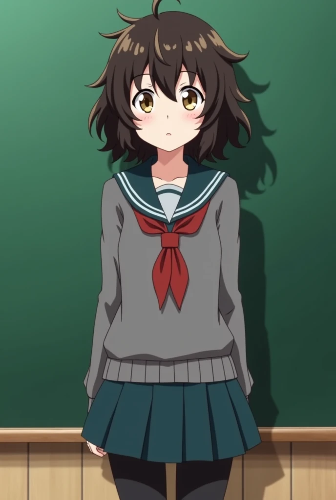 : Screenshot anime Boku no hero Academia ,  girl,  fringe on the sides of medium-short hair , curly dark brown  , a little messy, round eyes, golden brown eyes , pretty eyelashes,  neutral expression wearing a gray uniform , red tie,  dark blue green short...