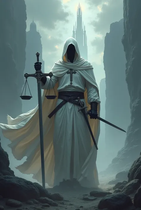 male warrior in white dress with sword in hand. the scales of law in one hand. hooded, no face visible. cross necklace shining around his neck. white tower in the background. dark fantasy