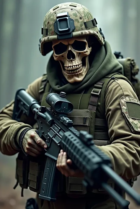 Skull with camouflaged military uniform, tactical helmet and 
Full body rifle 