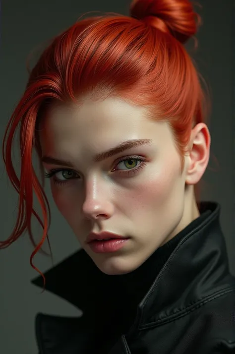  A 17-year-old male boy, red-haired,  with green eyes , straight hair tied in a bun 