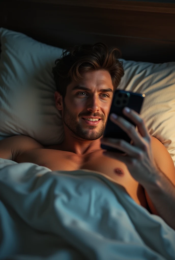  handsome man lying in bed moving his face mischievously why is he reading a message 