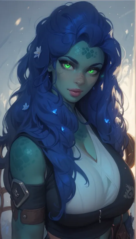 huge breasts, croptop, big boobs, large breasts, cleavage, boobs , scaled skin like reptile, glowing green eyes