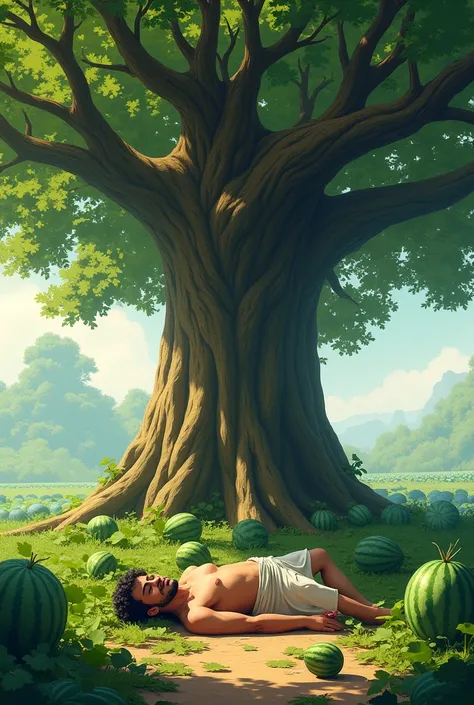 In the middle of a watermelon field, a banyan tree grows tall. Beneath it, a man lies resting, and a banyan fruit has fallen onto his nose