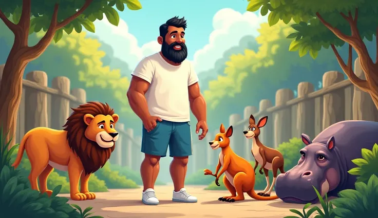 A tall cartoon middle-aged man(  kind, compassionate, responsible, black silky hair,french cut beard,wearing half shorts blue colored and collar t-shirt white,white sneakers) feeding and caring animals like lion, kangaroo,monkey and hippo ,inside the zoo